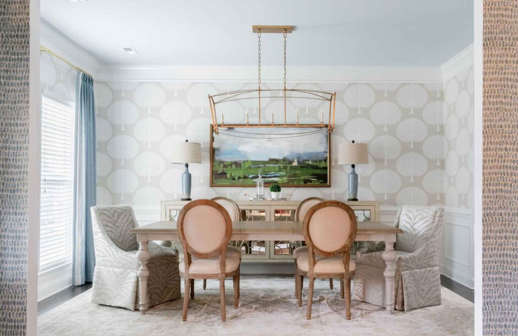 dwelling-place-interiors-brunswick-county-nc-finding-the-right-interior-designer-coastal-formal-dining-room-design-patterned-wallpaper-upholstered-chairs