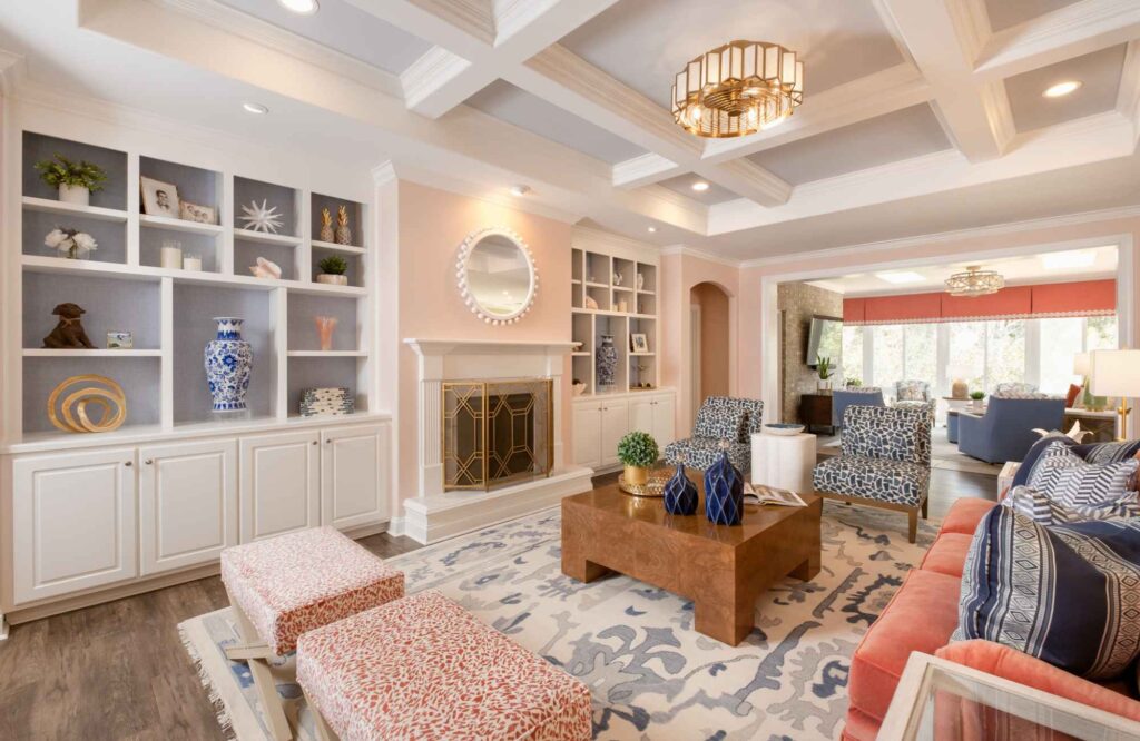 full-service-interior-design-shallotte-nc-our-design-process-colorful-living-room-playful-patterns-custom-built-in-cabinets-ceiling-detail-high-quality