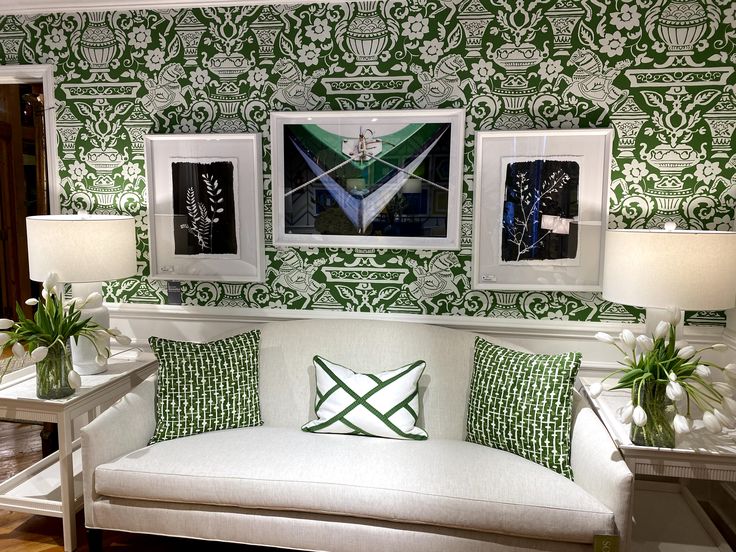 dwelling-place-interiors-winnabow-nc-benefits-from-high-point-market-colorful-green-and-white-market-showroom-custom-sofa-and-throw-pillows-classic-remodel